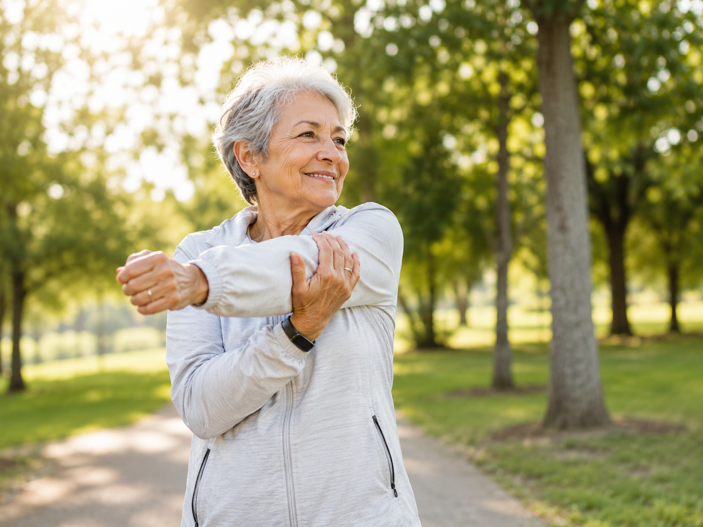 Healthy Aging older woman exercising in the park.