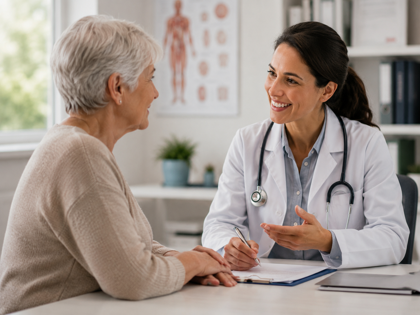 Older woman reviewing preventive health screening information with her doctor during a routine medical visit.