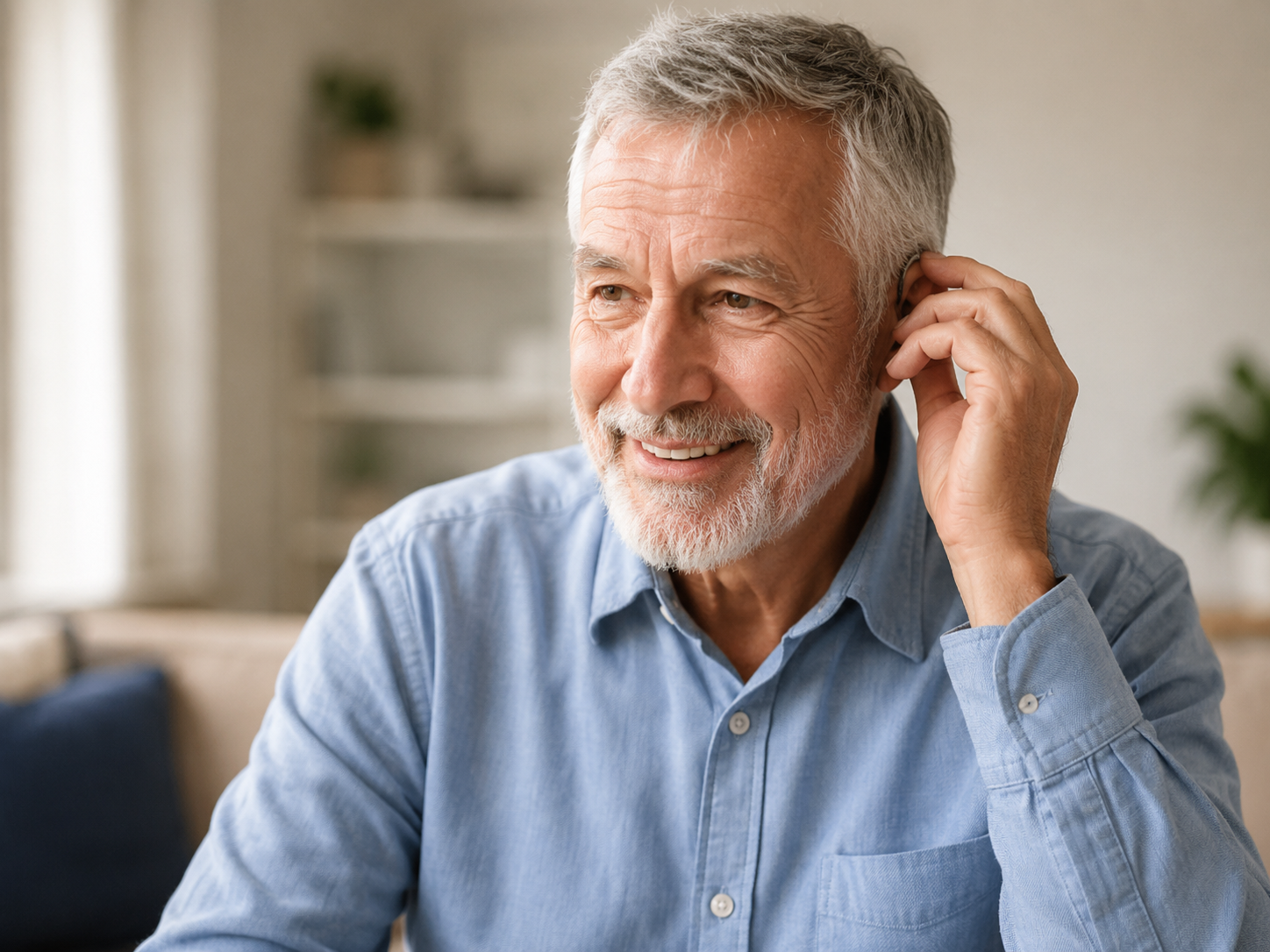 Healthy Aging older man readjusting his hearing aid.